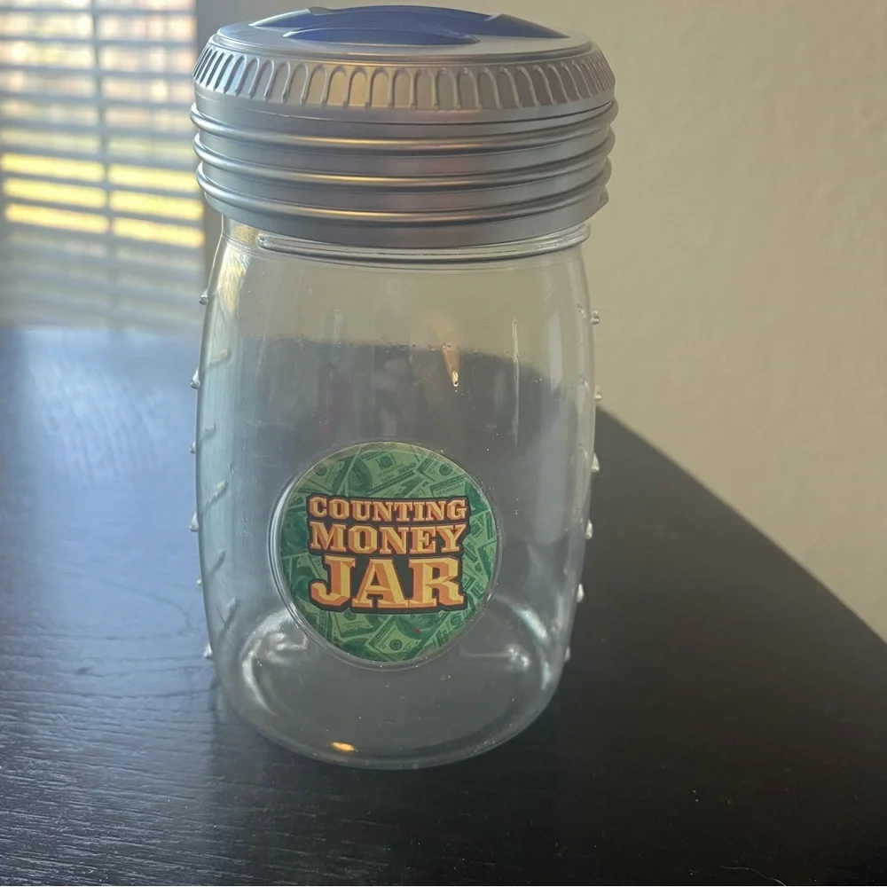 Counting Money Jar learning toy - Clear Plastic Coin Jar with Silver Lid